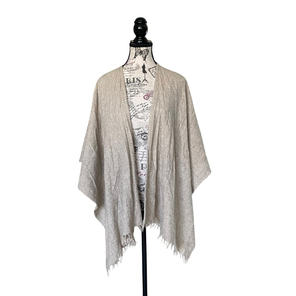 Yak Wool Wrap Cape Womens OS Beige Fringed Shawl Poncho Minimalist Cardigan